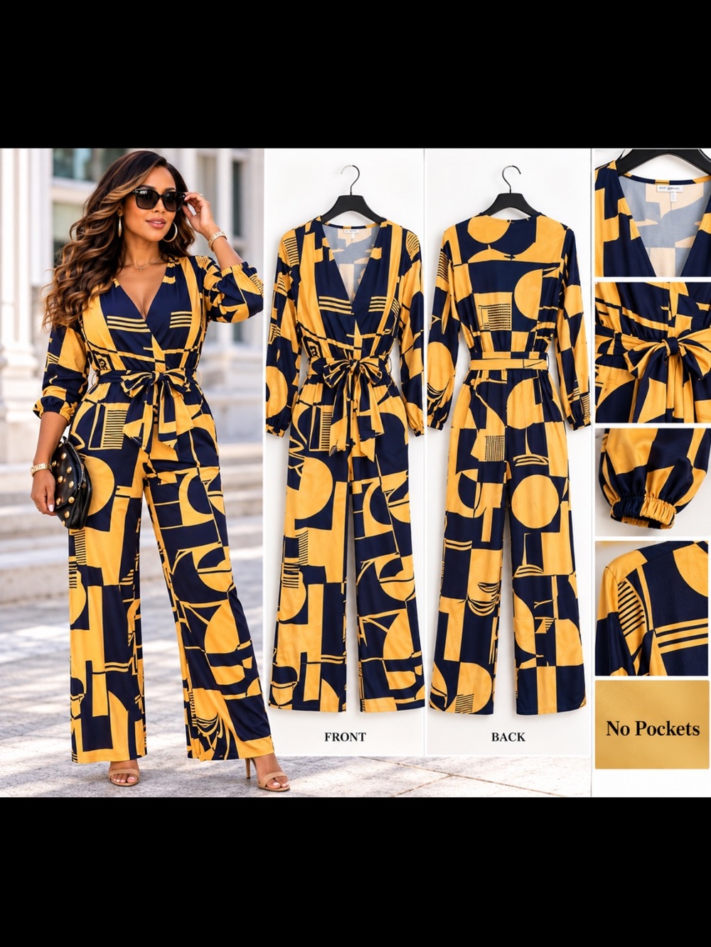 Geometric Wrap Jumpsuit in Navy & Mustard Print